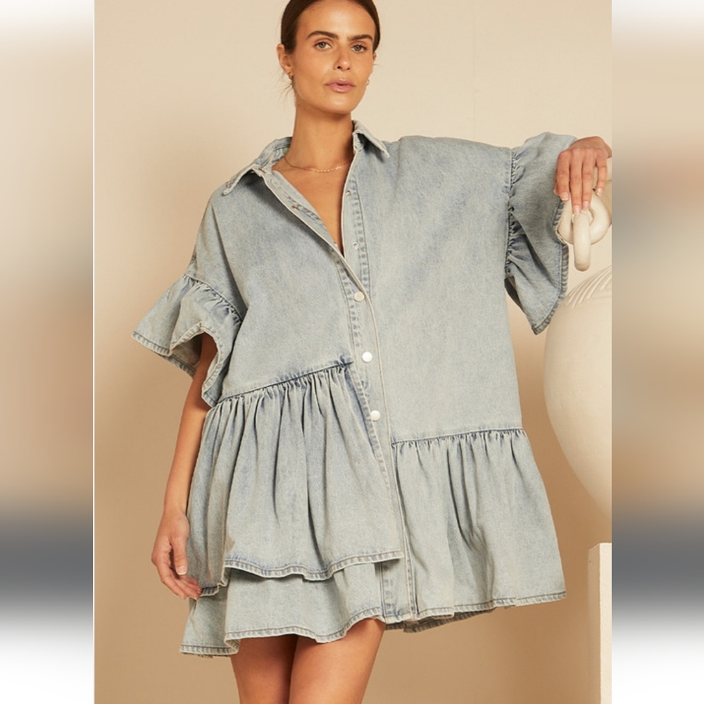 Bohemian Traders DENIM GENOA MINI DRESS IN ICE BLUE size XL